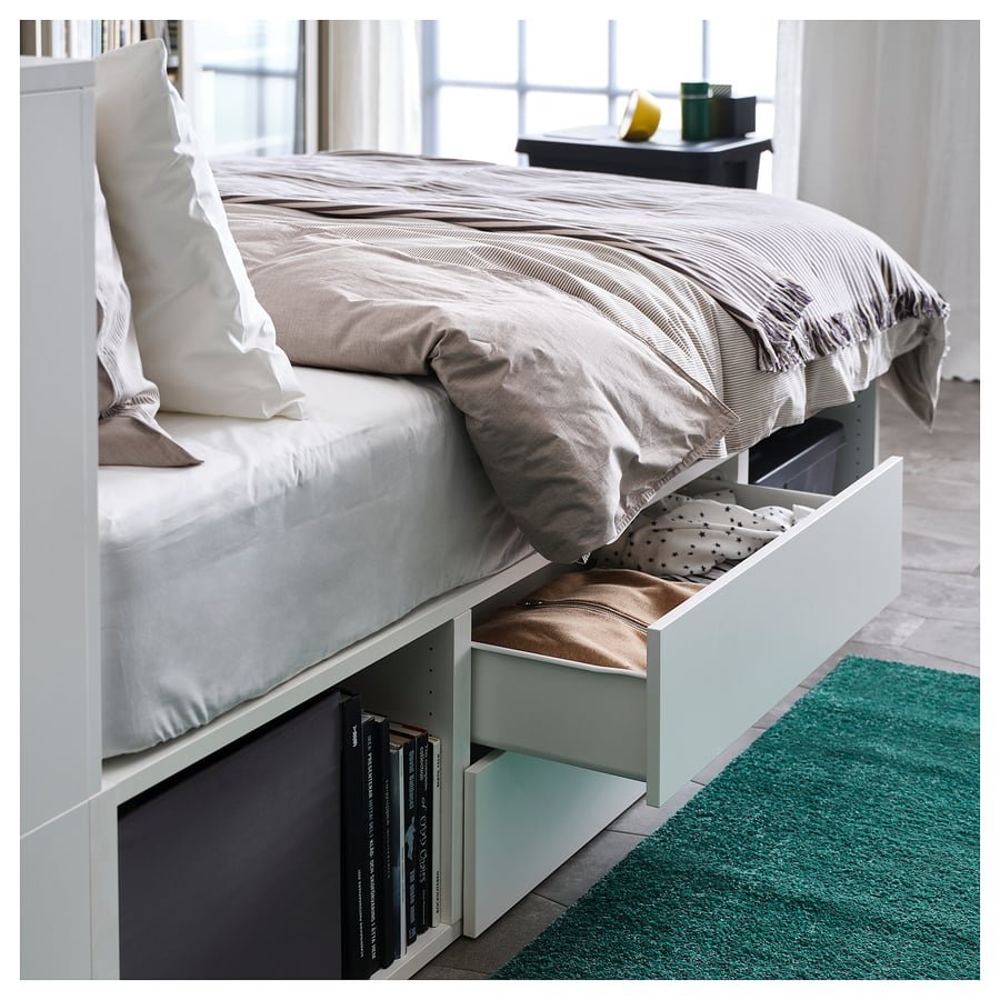 IKEA PLATSA Bed Frame with 2 Drawers – White/Fonnes, 142x244x103 cm, Modular Storage Bed - althahanifurniture