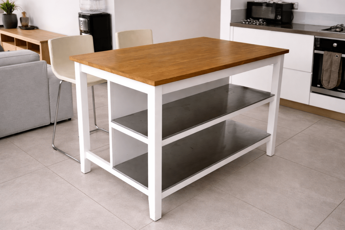 IKEA STENSTORP Kitchen Island + 2 GLENN Bar Stools – Solid Oak Top, White Frame, Chrome Legs - althahanifurniture