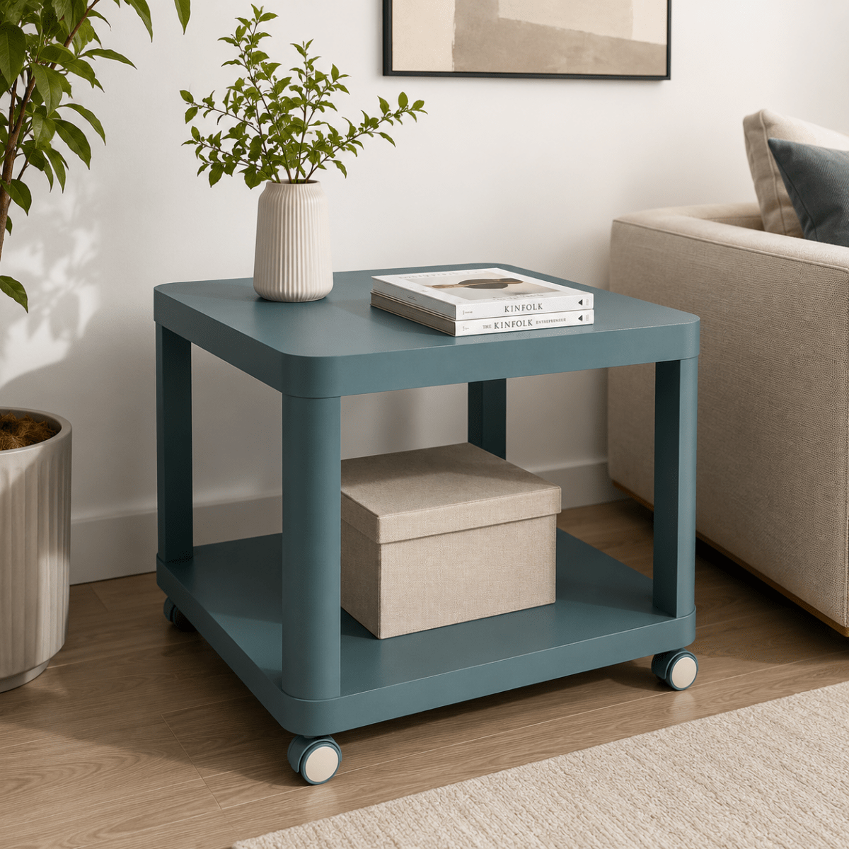 IKEA TINGBY Side Table on Castors | Turquoise, 63x52 cm - used 2 months - Al Thahani Furniture