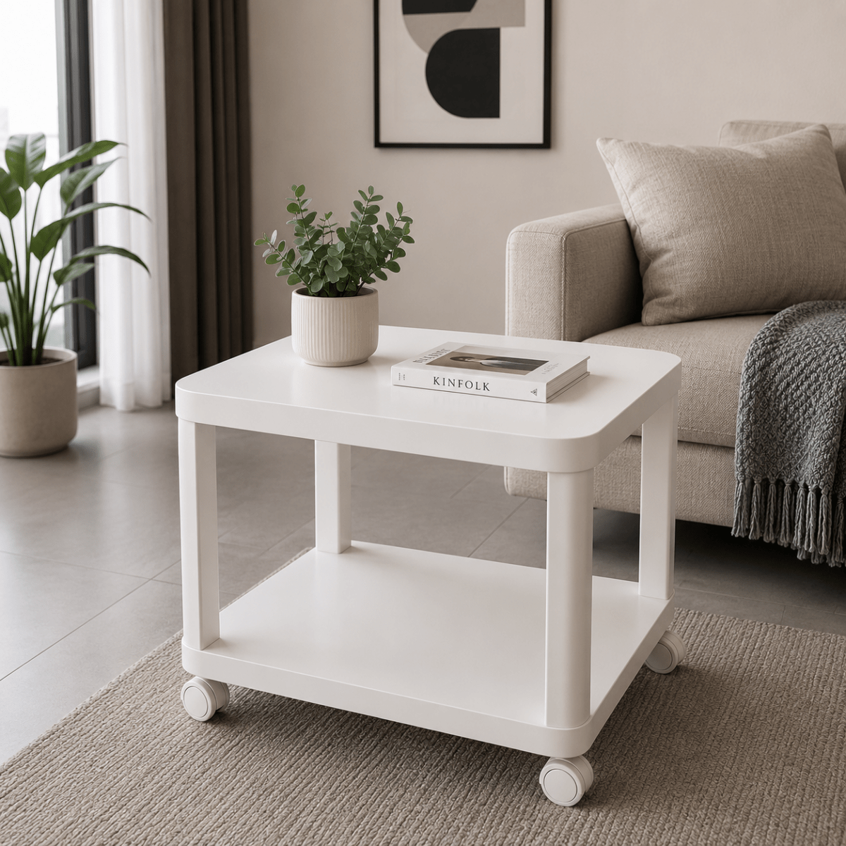 IKEA TINGBY Side Table on Castors | White, 50x50x45 cm - used 4 months - Al Thahani Furniture