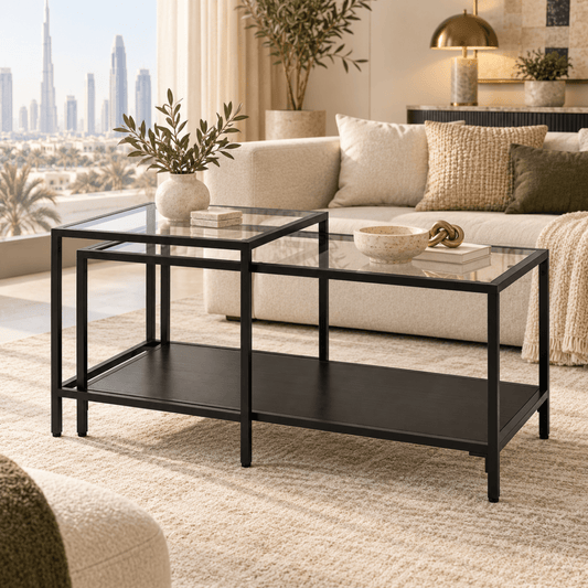 IKEA VITTSJÖ Nest of 2 Tables – Black-Brown & Glass – 90 × 50 cm - Al Thahani Furniture
