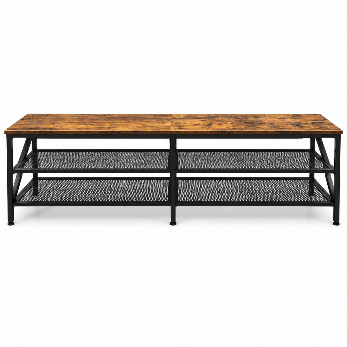 Industrial 3-Tier TV Unit with 2 Metal Mesh Shelves – Rustic Brown & Black - Al Thahani Furniture