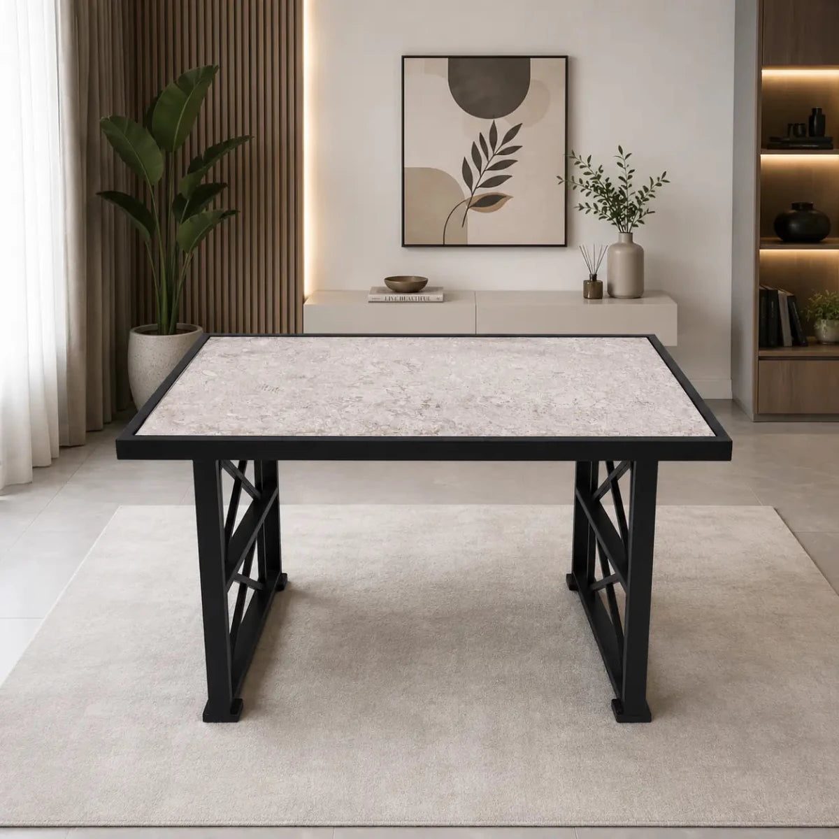 Industrial Center Table | Speckled Stone/Quartz Top, Black Metal X-Brace Frame - used 3 months - Al Thahani Furniture