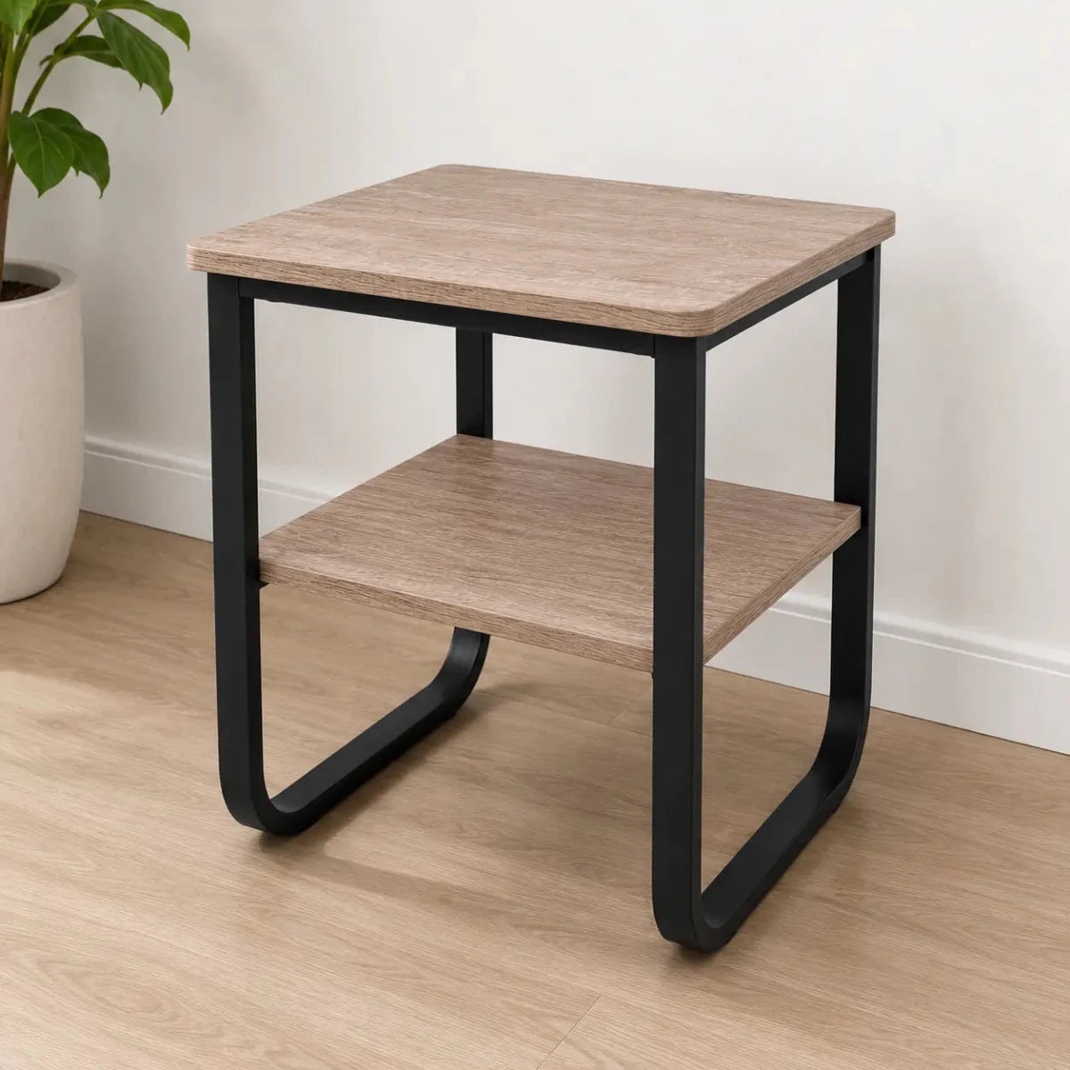 Industrial-Style Side Table with Storage Shelf | Black Metal & Wood-Grain, 44x44x55 cm - used 2 months - Al Thahani Furniture