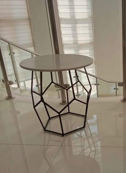 Ivy Bronx Mystras End Table | White Marble & Geometric Metal Base - althahanifurniture