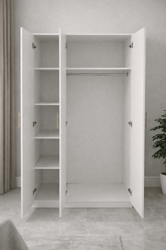 King Bedroom Set | Modern White Panel Design with 3 - Door Wardrobe, Brand New - althahanifurniture