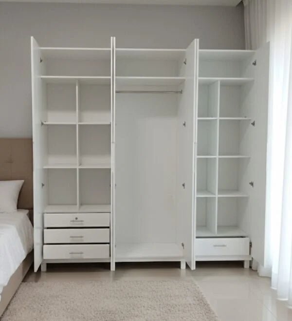 King Bedroom Set | Modern White Panel Design with 6 - Door Mirror Wardrobe, Brand New - althahanifurniture