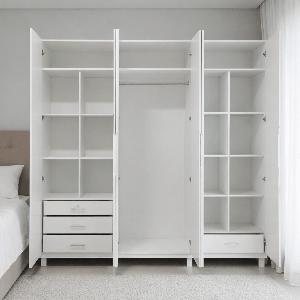 King Bedroom Set | Modern White Panel Design with 6 - Door Mirror Wardrobe, Brand New - althahanifurniture