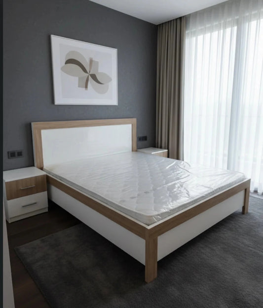 King Bedroom Set | Modern White & Wood Design with Wardrobe, Brand New - althahanifurniture