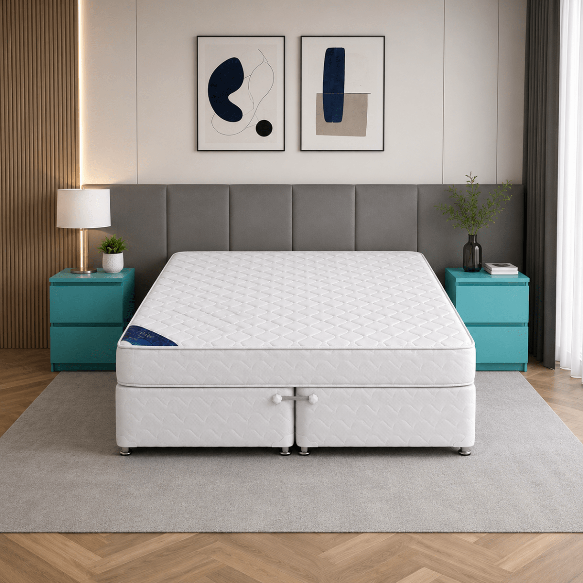 King Divan Bed Set with Mattress & Teal Blue Nightstands | White, 180x200 cm - used 5 months - Al Thahani Furniture