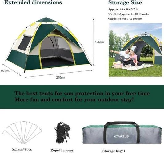 KOMCLUB Camping Tent | 2‑3 Person | Waterproof & Windproof | Green | Easy Setup - althahanifurniture