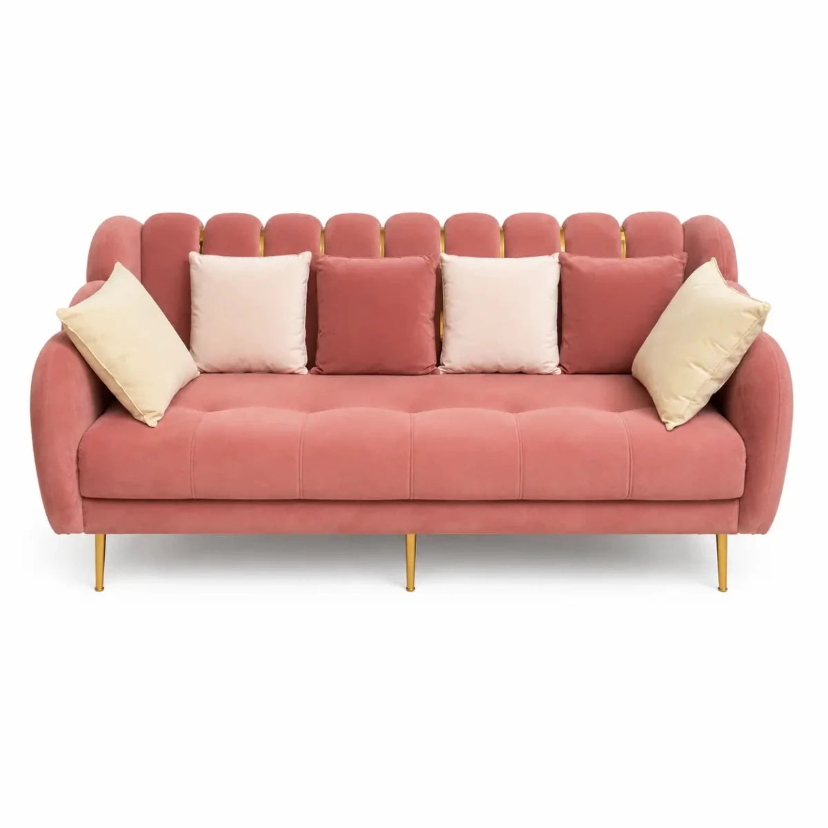 Mid-Century Modern Dusty Pink Velvet Sofa Set | 3+2 Seater, Scalloped Back, Gold Legs - used 9 months - Al Thahani Furniture