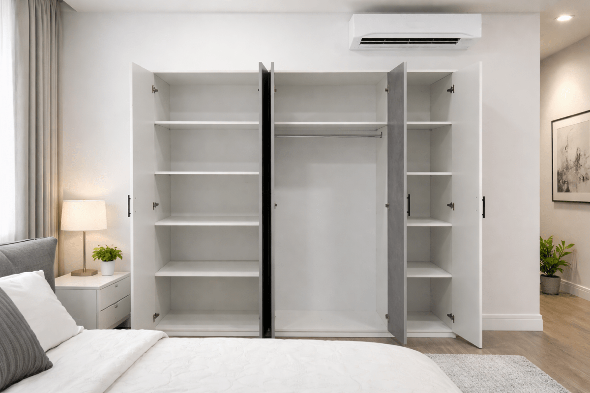 Modern 5 Door Wardrobe | Light Grey & Concrete Finish with Side Shelves | Brand New - althahanifurniture