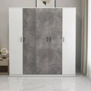 Modern 5 Door Wardrobe | Light Grey & Concrete Finish with Side Shelves | Brand New - althahanifurniture
