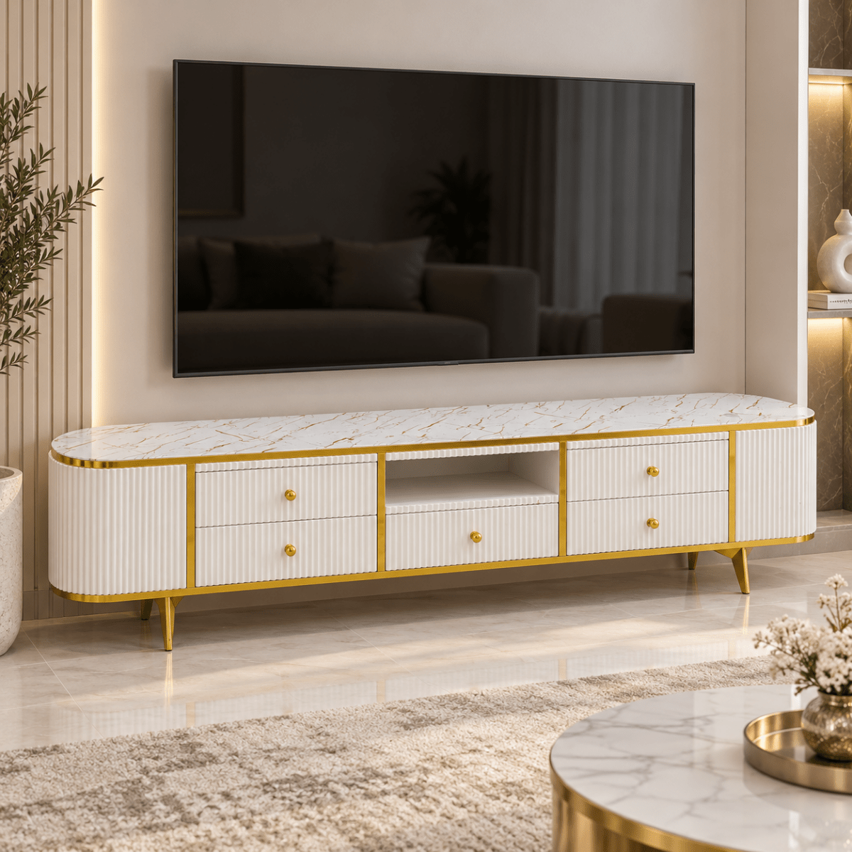 Modern Glamour TV Unit with Marble-Style Top & 5 Drawers – White & Gold – 200 cm - Al Thahani Furniture