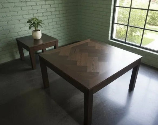 Modern Herringbone Coffee Table | Solid Wood with Decorative Inlay | Rich Dark Brown Finish - althahanifurniture