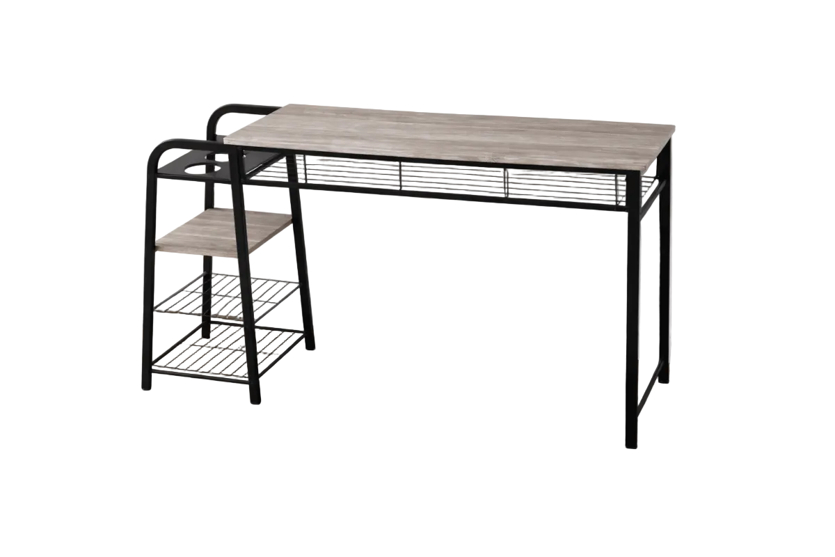 Modern Minimalist Desk | Grey Wood Top & Black Metal Frame with Built - In Shelves - althahanifurniture