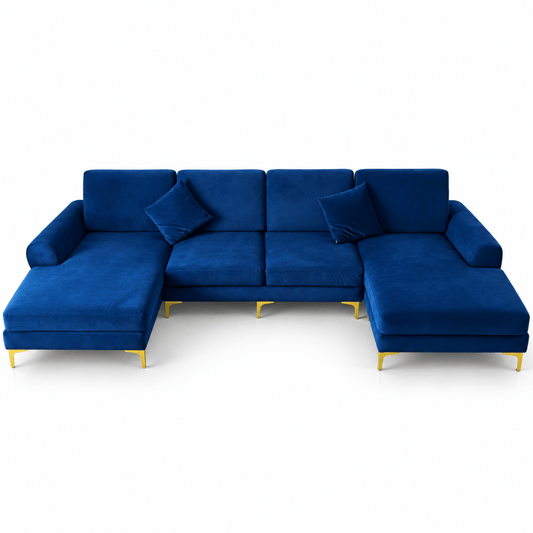 Monaco 5-Seater U-Shaped Double Chaise Velvet Sofa – Royal Blue & Gold - Al Thahani Furniture