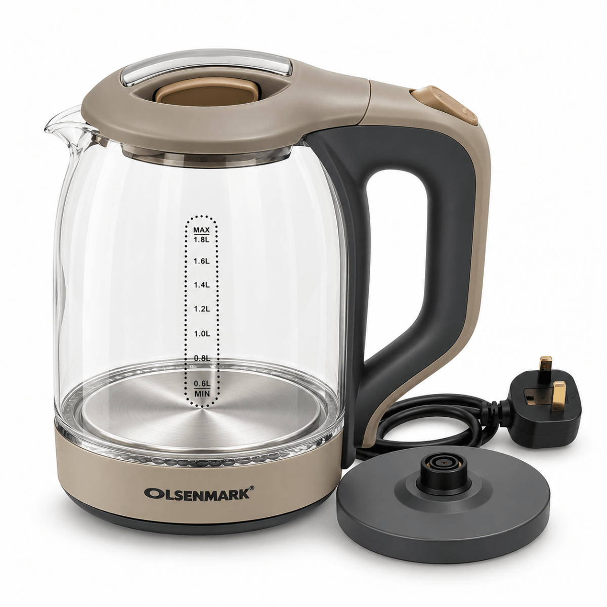 Olsenmark OMK2394 1.8L Electric Glass Kettle – 1500W – Brown & Clear - Al Thahani Furniture