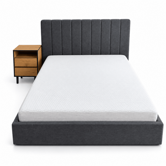 PAN Home Milano 140 × 200 cm Upholstered Bed with Mattress & 2-Drawer Nightstand – Charcoal Grey & Oak - Al Thahani Furniture