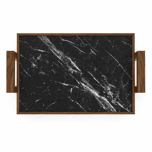 Porada - Style Walnut & Nero Marquina Marble Side Table - used 3 months - Al Thahani Furniture