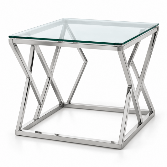 Porto Glass Top Side Table – Chrome & Clear – 55 × 55 × 55 cm - Al Thahani Furniture