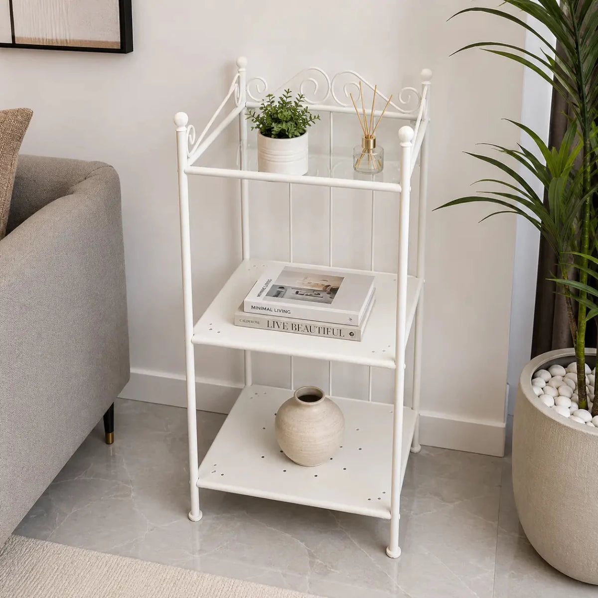 Ronnskar 3-Tier Metal Shelving Unit | White, Vintage Scrollwork, 40x32x96 cm - used 3 months - Al Thahani Furniture
