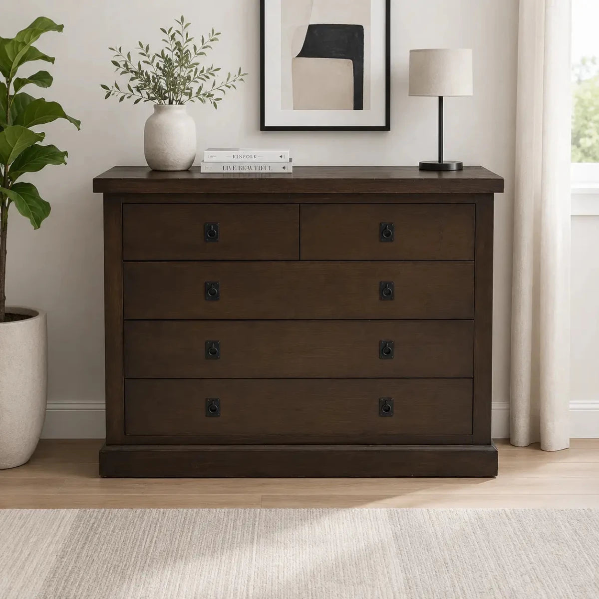 Rustic Dark Brown 5-Drawer Chest | Espresso, Black Iron Ring Handles - used 4 months - Al Thahani Furniture