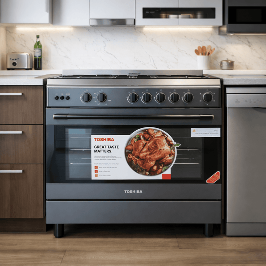 Toshiba 90cm Freestanding Gas Cooker | 5 Sabaf Burners | Large Fan Oven - althahanifurniture