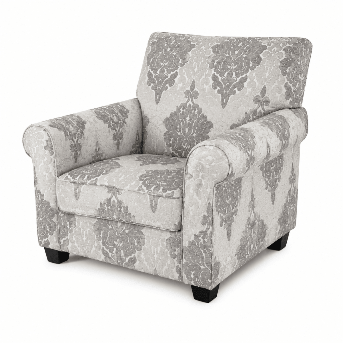 Traditional Upholstered Club Armchair | Grey & Off-White Damask Pattern - used 8 months - Al Thahani Furniture
