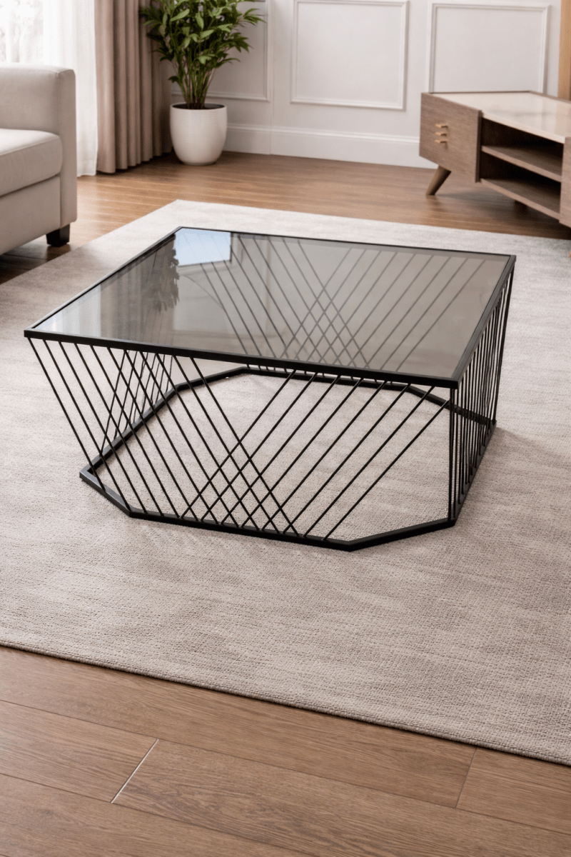 Trento Glass Coffee Table – Square Tempered Grey Glass – Black Iron Wireframe Base – 75x75x38 cm - althahanifurniture