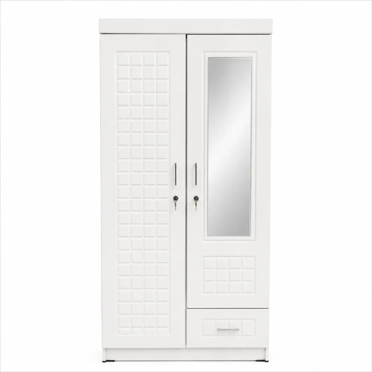 2-Door Wooden Wardrobe with Mirror & Lockable Drawer | White - used 3 months - Al Thahani Furniture