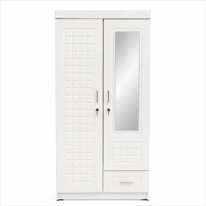 2-Door Wooden Wardrobe with Mirror & Lockable Drawer | White - used 3 months - Al Thahani Furniture