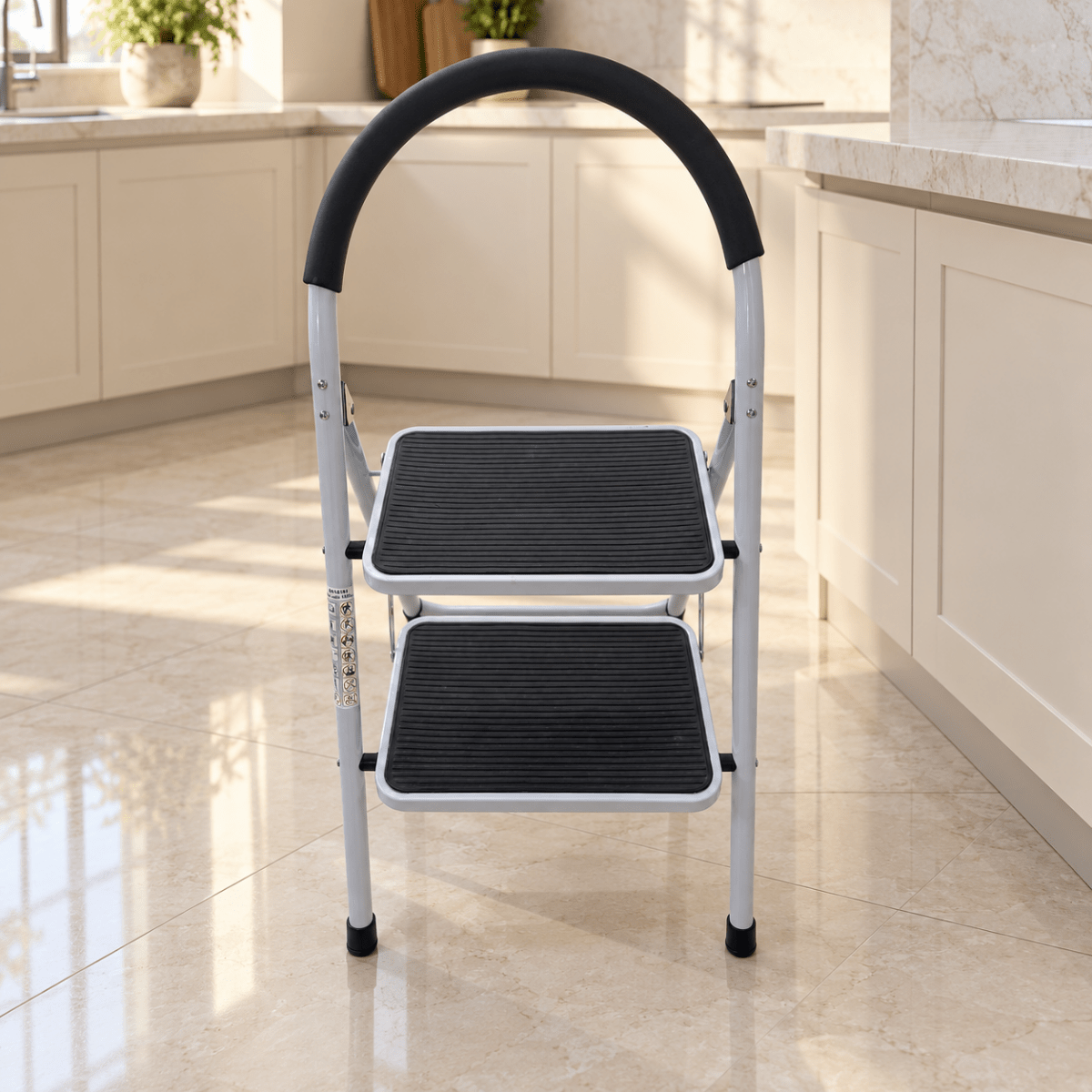 2-Step Folding Household Ladder with Padded Safety Handrail & Anti-Slip Steps – White & Black - Al Thahani Furniture