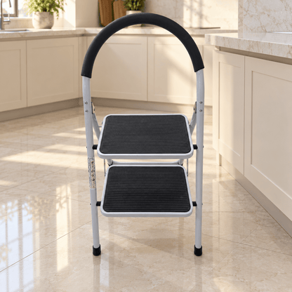 2-Step Folding Household Ladder with Padded Safety Handrail & Anti-Slip Steps – White & Black - Al Thahani Furniture