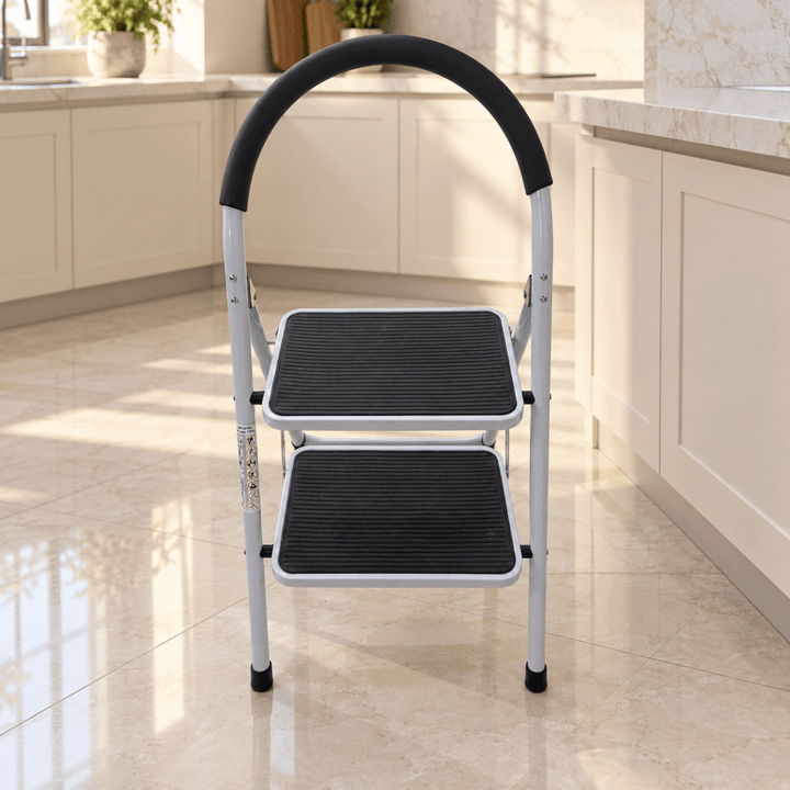 2-Step Folding Household Ladder with Padded Safety Handrail & Anti-Slip Steps – White & Black