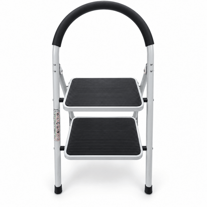 2-Step Folding Household Ladder with Padded Safety Handrail & Anti-Slip Steps – White & Black - Al Thahani Furniture
