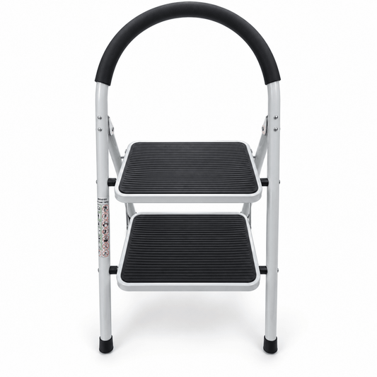 2-Step Folding Household Ladder with Padded Safety Handrail & Anti-Slip Steps – White & Black - Al Thahani Furniture