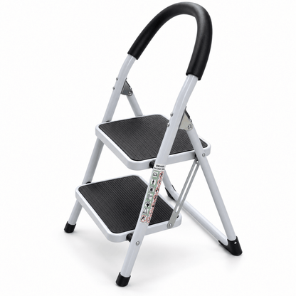 2-Step Folding Household Ladder with Padded Safety Handrail & Anti-Slip Steps – White & Black - Al Thahani Furniture