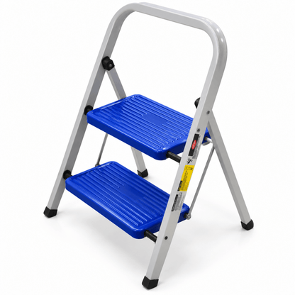 2-Step Folding Household Ladder with Safety Handrail & Anti-Slip Steps – Grey & Blue - Al Thahani Furniture