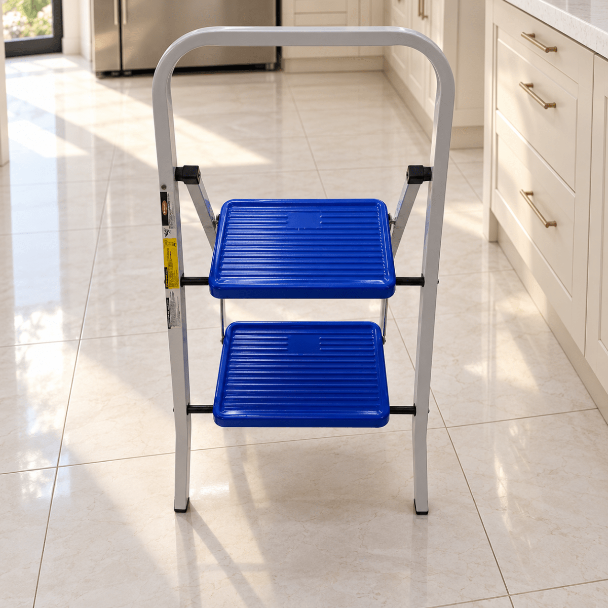 2-Step Folding Household Ladder with Safety Handrail & Anti-Slip Steps – Grey & Blue - Al Thahani Furniture