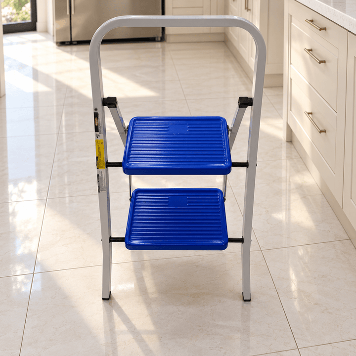 2-Step Folding Household Ladder with Safety Handrail & Anti-Slip Steps – Grey & Blue