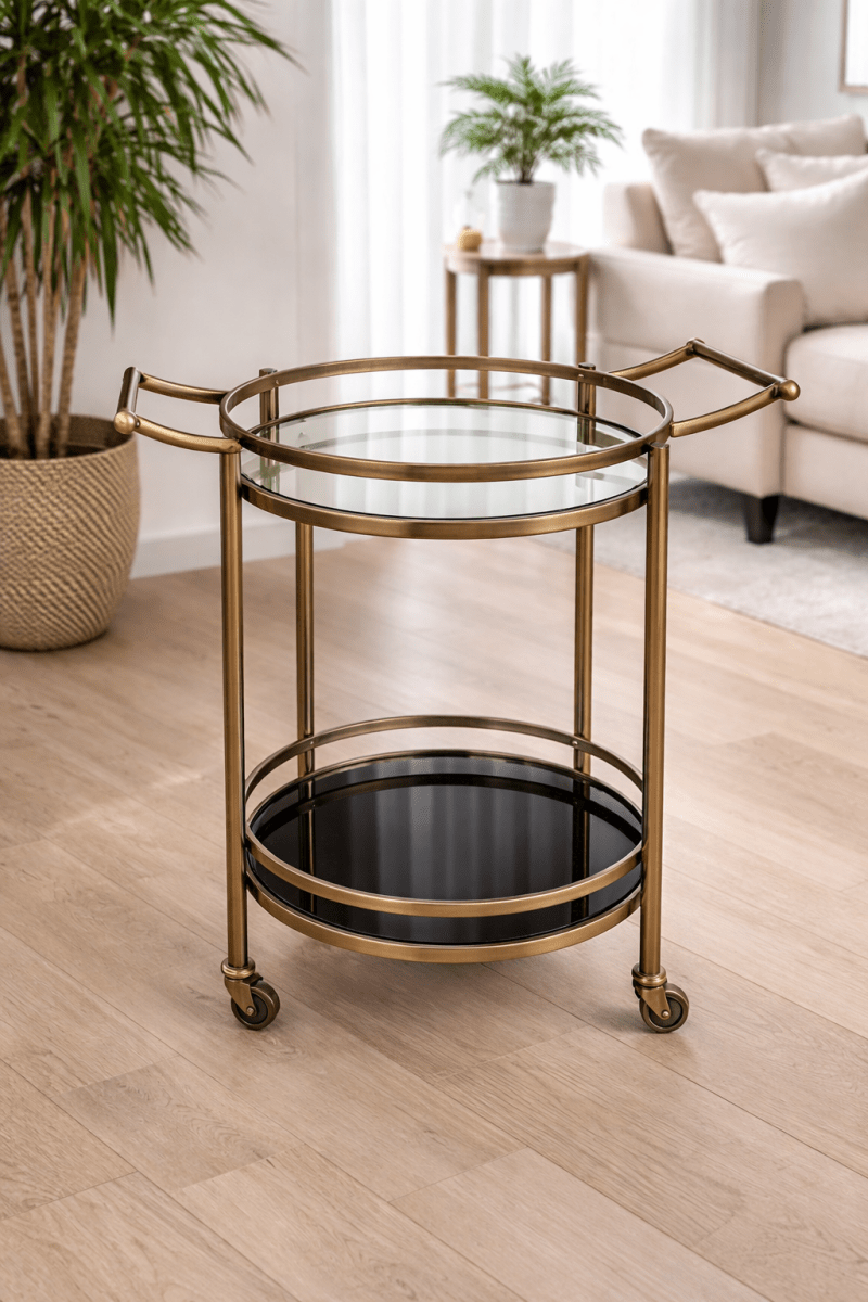 2 - Tier Mirrored Bar Cart – Gold/Brass Frame – Circular Mirrored Shelves - althahanifurniture