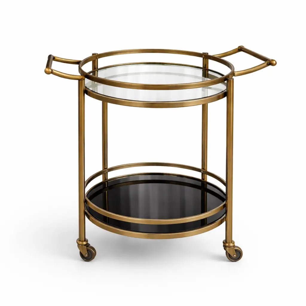 2 - Tier Mirrored Bar Cart – Gold/Brass Frame – Circular Mirrored Shelves - Lightly Used - althahanifurniture