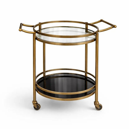 2 - Tier Mirrored Bar Cart – Gold/Brass Frame – Circular Mirrored Shelves - Lightly Used - althahanifurniture