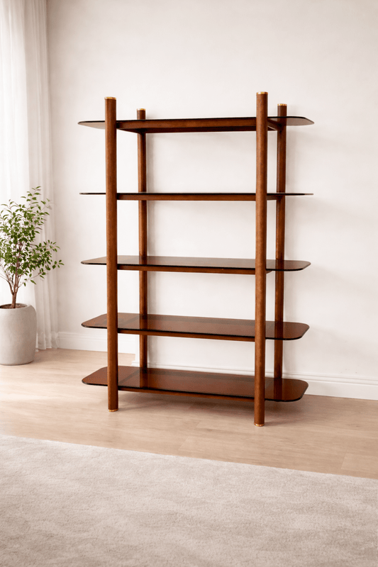 2XL Home 5 - Tier Glass Shelving Unit – Mango Wood & Brass Frame – 168cm - althahanifurniture