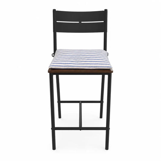 3-Piece Bar Table Set | Matte Black Metal, 2 Stools, Blue Striped Cushions - used 3 months - Al Thahani Furniture