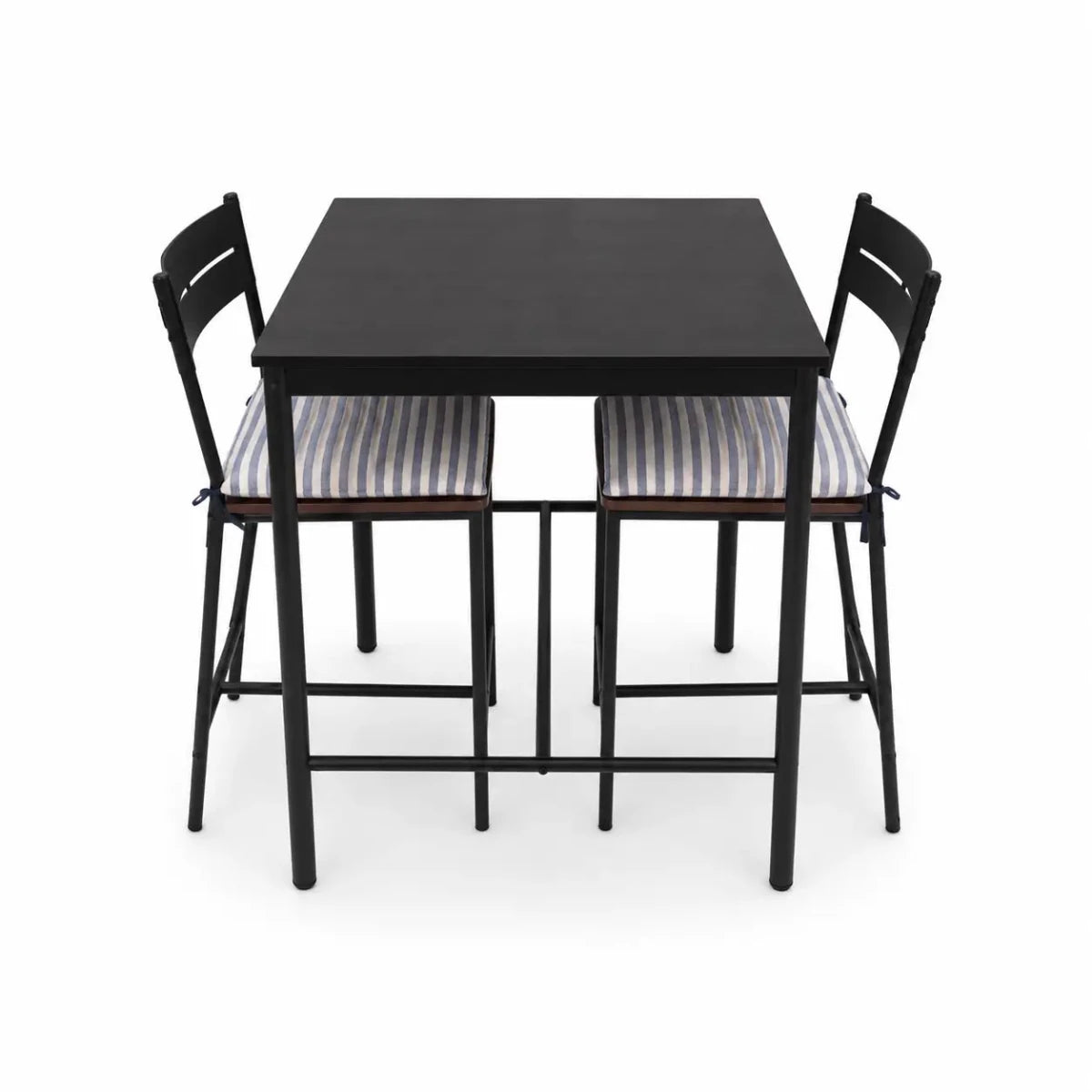 3-Piece Bar Table Set | Matte Black Metal, 2 Stools, Blue Striped Cushions - used 3 months - Al Thahani Furniture