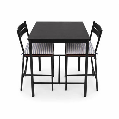 3-Piece Bar Table Set | Matte Black Metal, 2 Stools, Blue Striped Cushions - used 3 months - Al Thahani Furniture