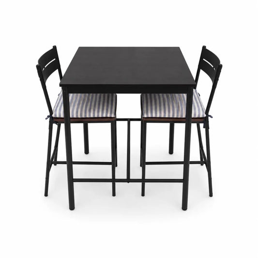 3-Piece Bar Table Set | Matte Black Metal, 2 Stools, Blue Striped Cushions - used 3 months - Al Thahani Furniture